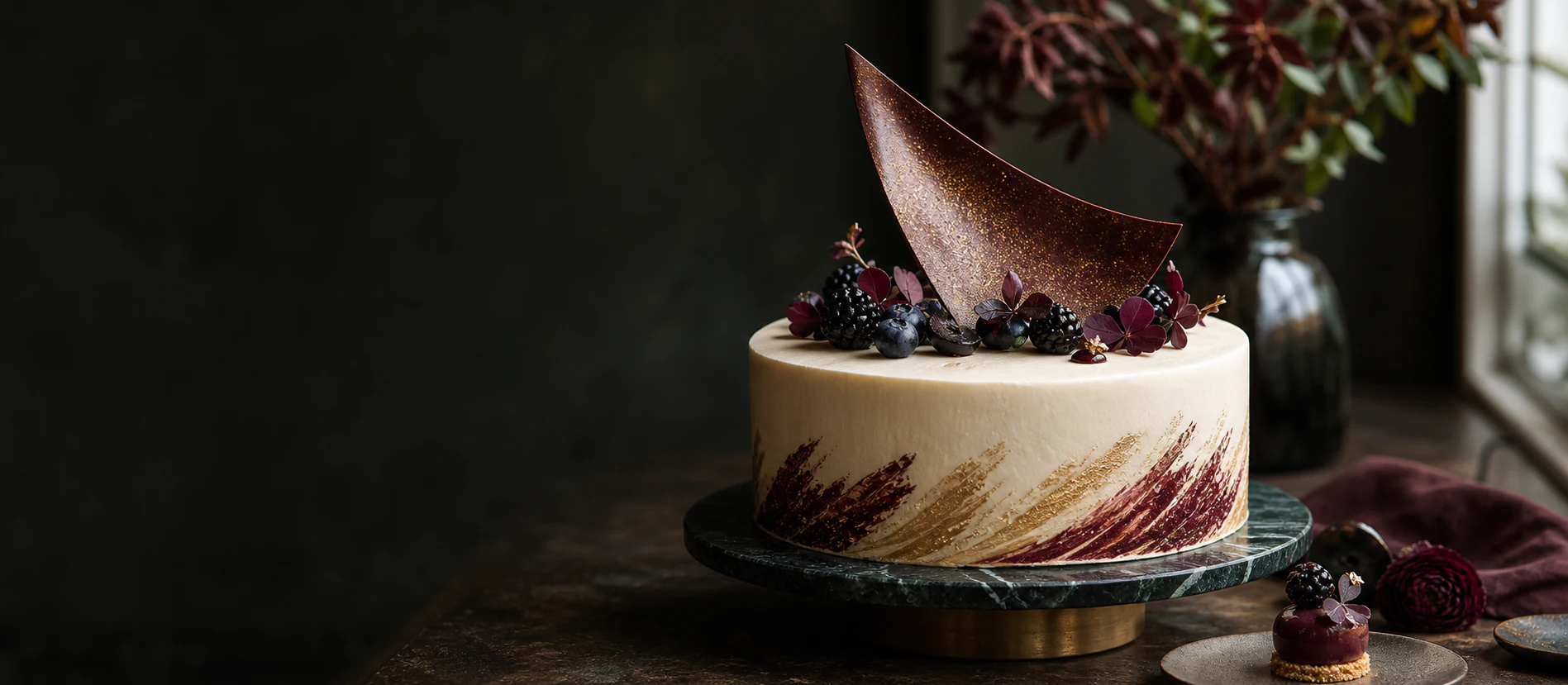 Jubileumskake med mørke bær, sjokolade og gylne detaljer