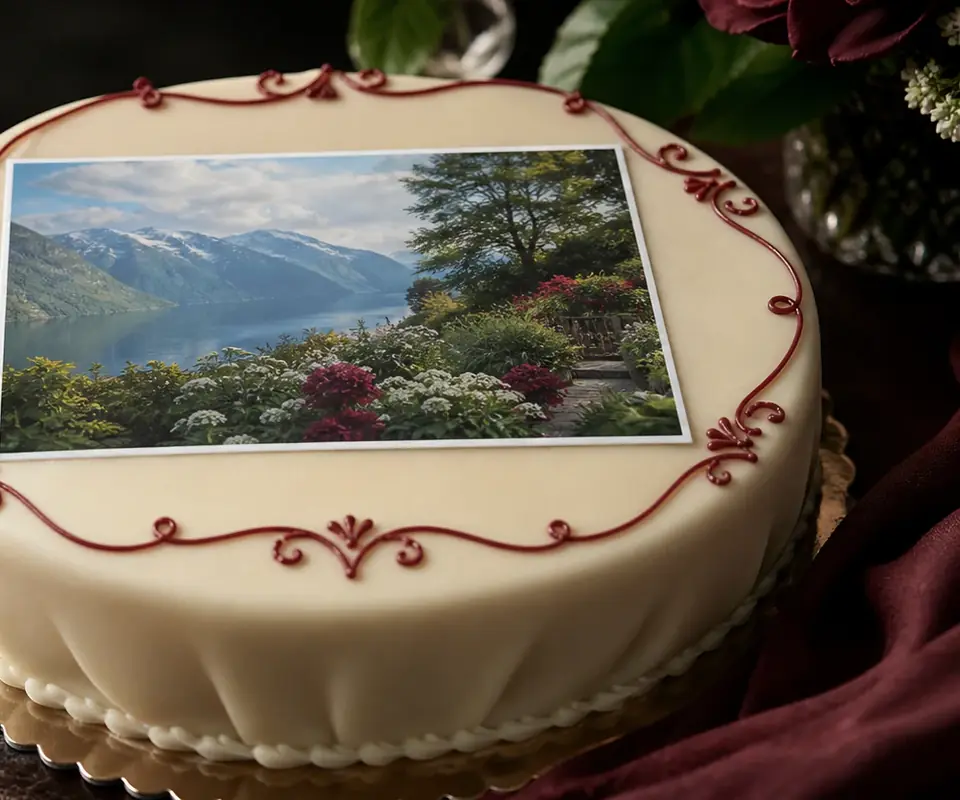 Marsipankake med et trykket landskapsbilde og pyntet kant
